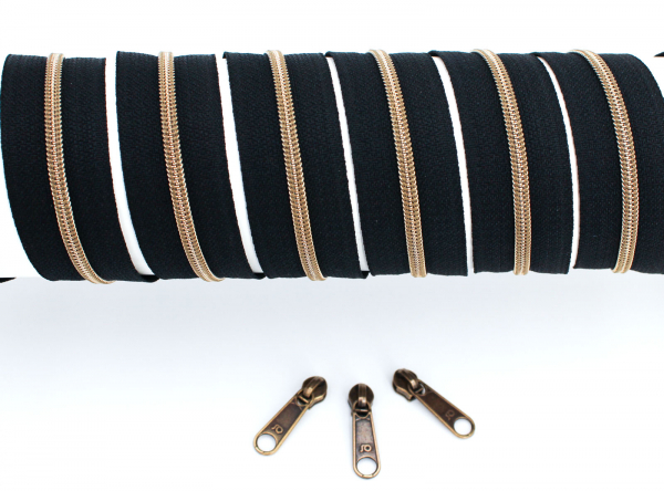 Endlosreißverschluss metallisiert schmal schwarz/messing-antik (1m)